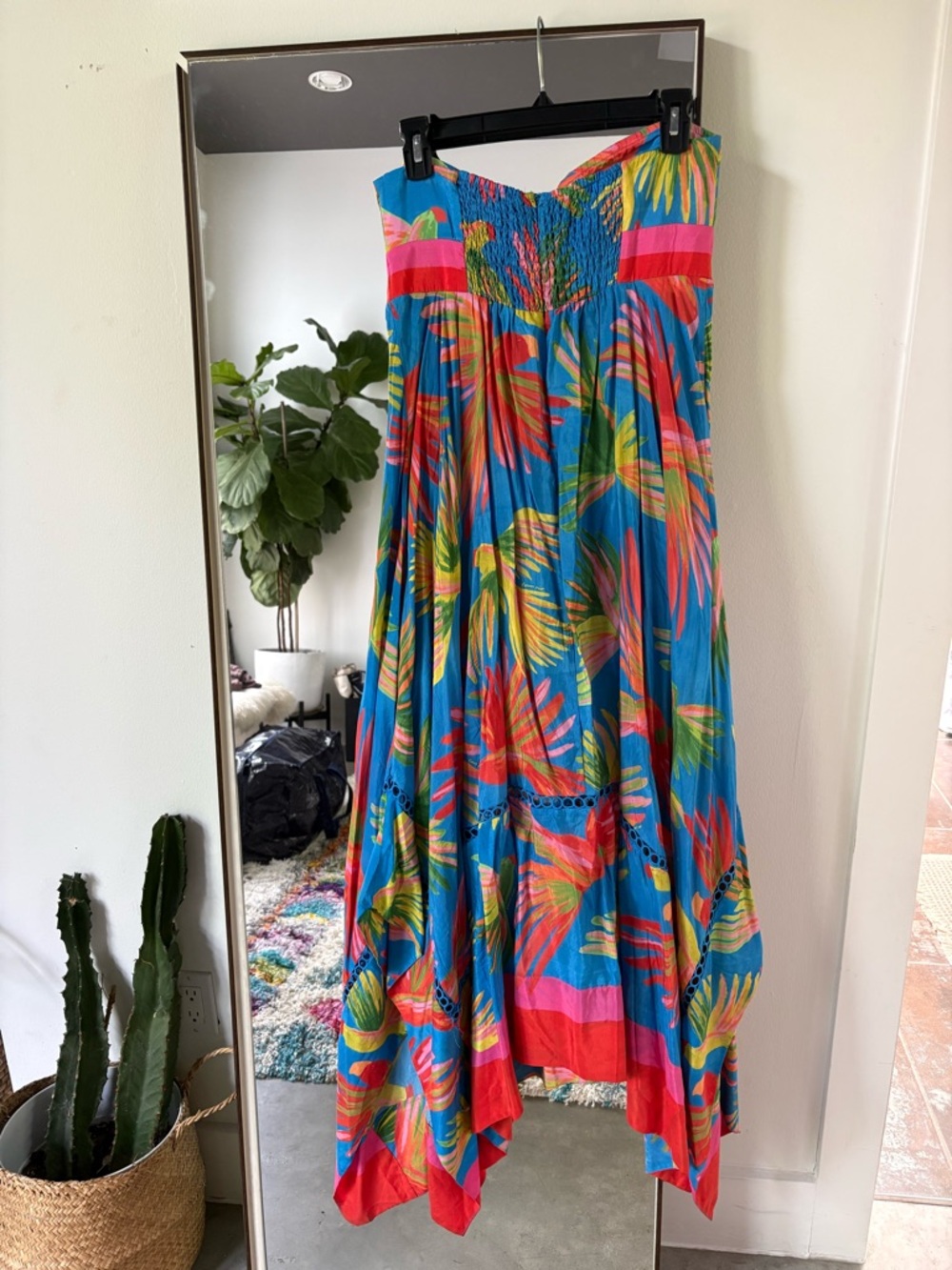 Farm Rio Tropical Blue Halter Maxi Dress Backless with Pink Accents